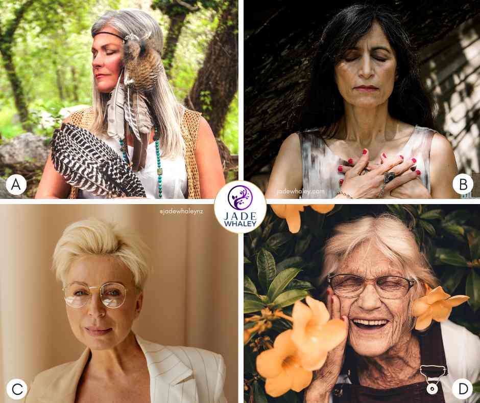 Four wise crone women aged in their 50s, 60s and 70s are looking content and feeling empowered. 