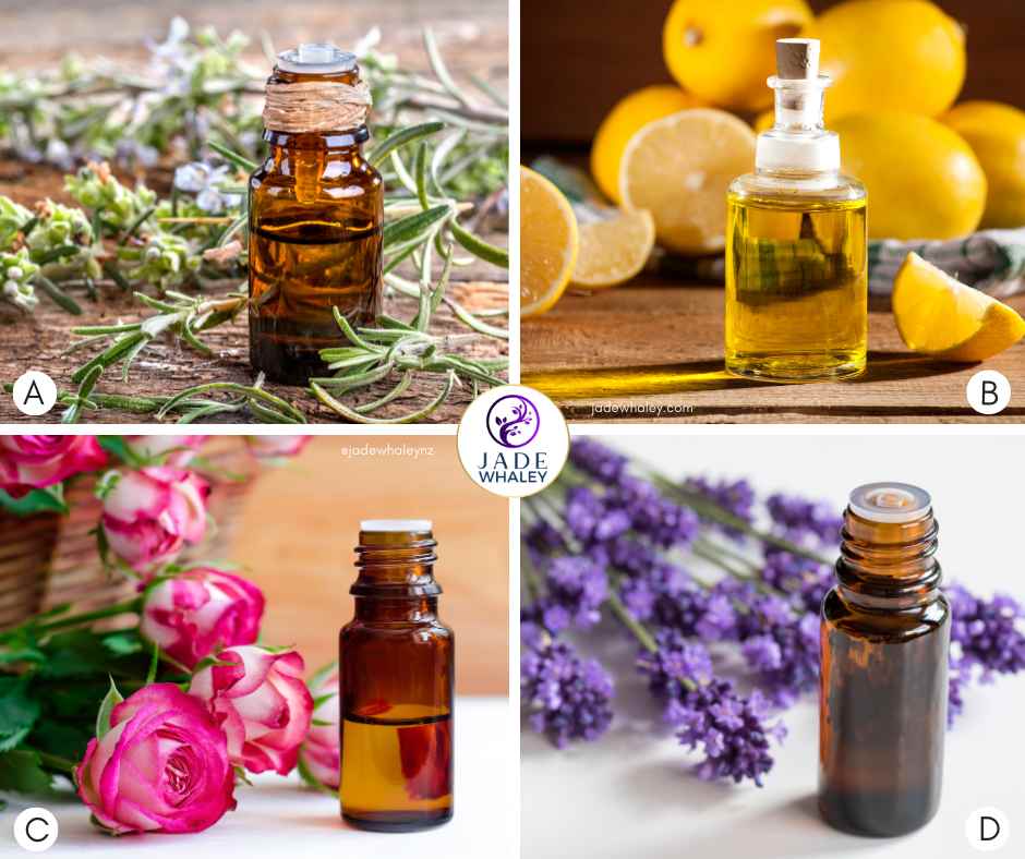 Four small individual bottles of essential oils. They are lemon, rosemary, lavender and lemon. Jade Whaley NZ