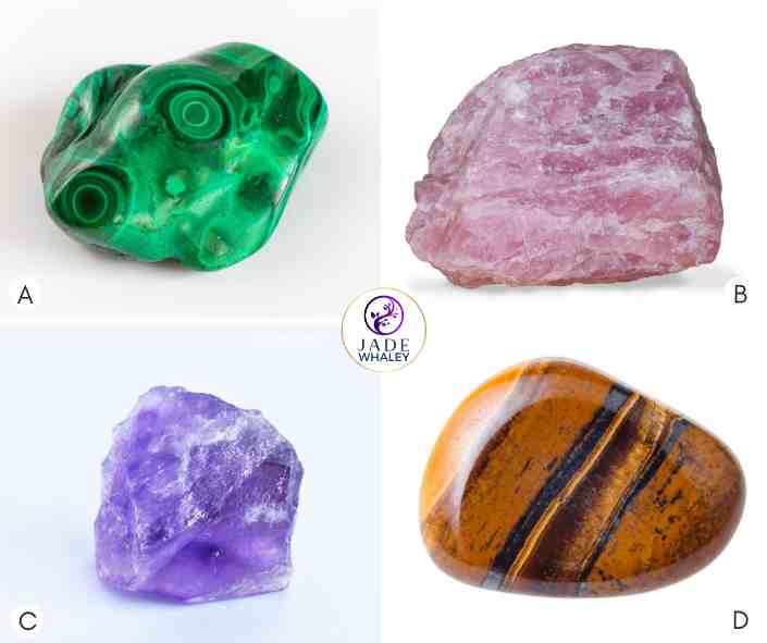 Tigers Eye, Malachite, Rose Quartz, and Amethyst Crystals with white background. Each piece shows its magnificent colours. Jade Whaley NZ
