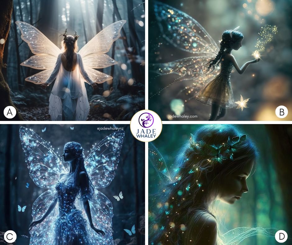 Four beautiful fairy, fae folk creatures in different poses with magical wings and lots of glittering lights. Jade Whaley NZ  