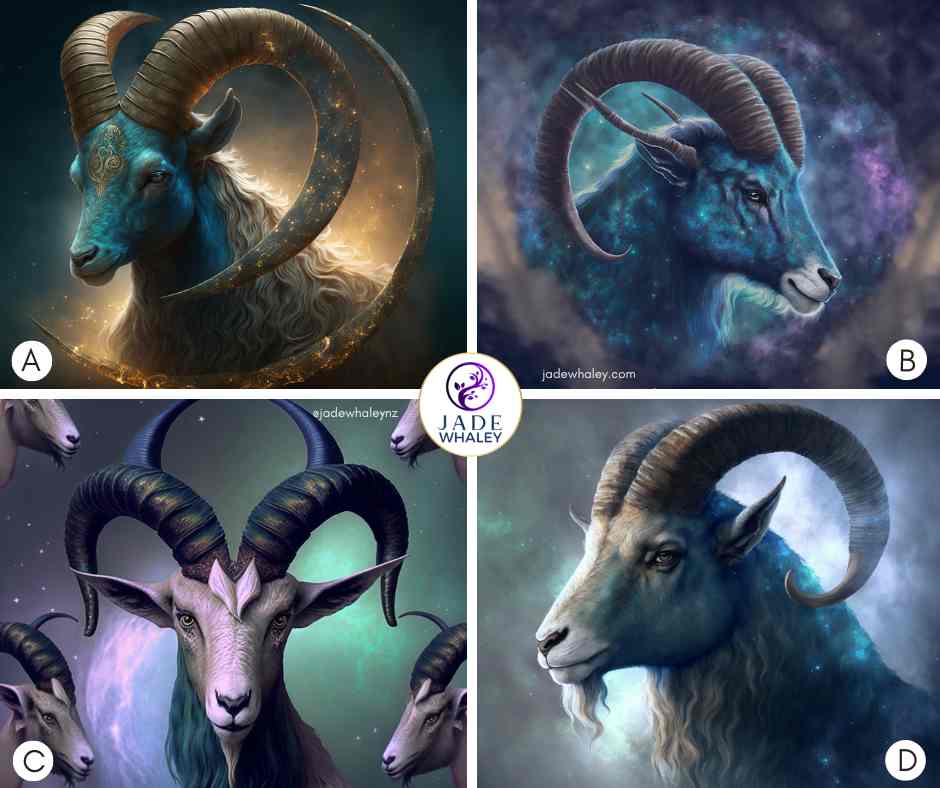 Four AI computer-generated photos of Mystical Aries Zodiac Ram with impressive horns. Jade Whaley NZ. 