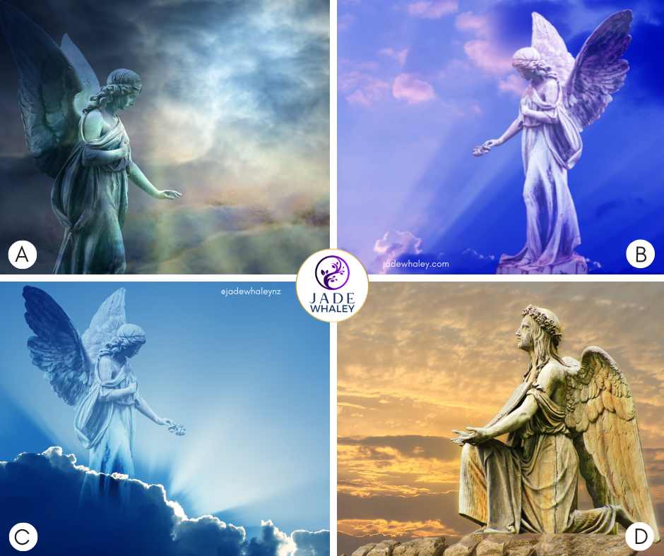 Four beautiful angel statues with magnificent sky and light behind them. Jade Whaley NZ