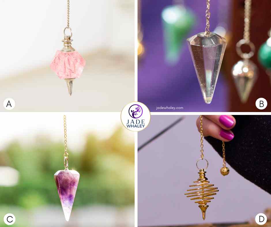 Four beautiful crystal pendulums are being held, ready for divining or dowsing. Jade Whaley NZ