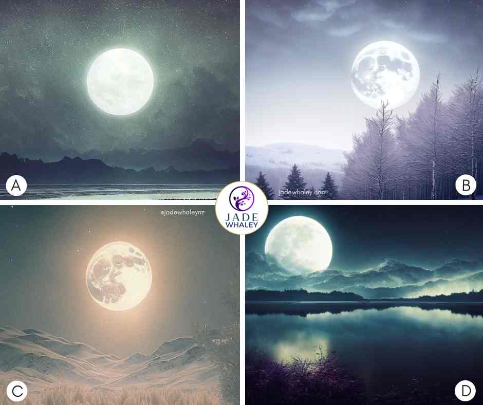 Four full moons in the night sky; some are reflecting in the water, all looking magnificent. Jade Whaley NZ